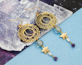 Sun and Moon Gemstone Beaded Gold Dangle Statement Earrings