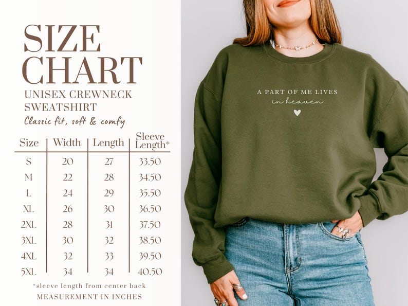Op de afbeelding: Maattabel voor een unisex crewneck sweatshirt in verschillende maten van S tot 5XL. De tabel toont de breedte, lengte en mouwlengte in inches. De tekst "A part of me lives in heaven" is op het sweatshirt gedrukt.