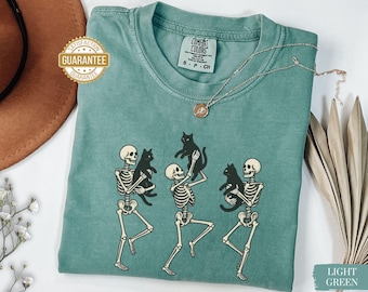 Funny Skeleton Cat Shirt Comfort Colors Retro Halloween Cat Lover Gift Dancing Skeletons Black Cat Person Tee Spooky Season Cat Mom Shirt