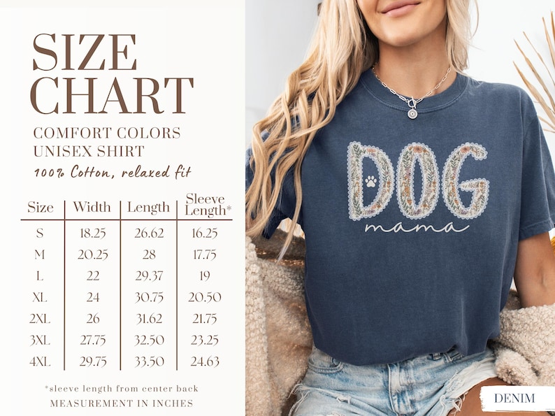 K&ouml;nnte beinhalten: Ein denimblaues Unisex-Shirt mit dem Schriftzug "DOG mama" in einem floralen Design. Das Shirt ist aus 100 % Baumwolle und hat eine entspannte Passform. Eine Gr&ouml;&szlig;entabelle mit Ma&szlig;en in Zoll f&uuml;r Breite, L&auml;nge und &Auml;rmell&auml;nge ist enthalten.