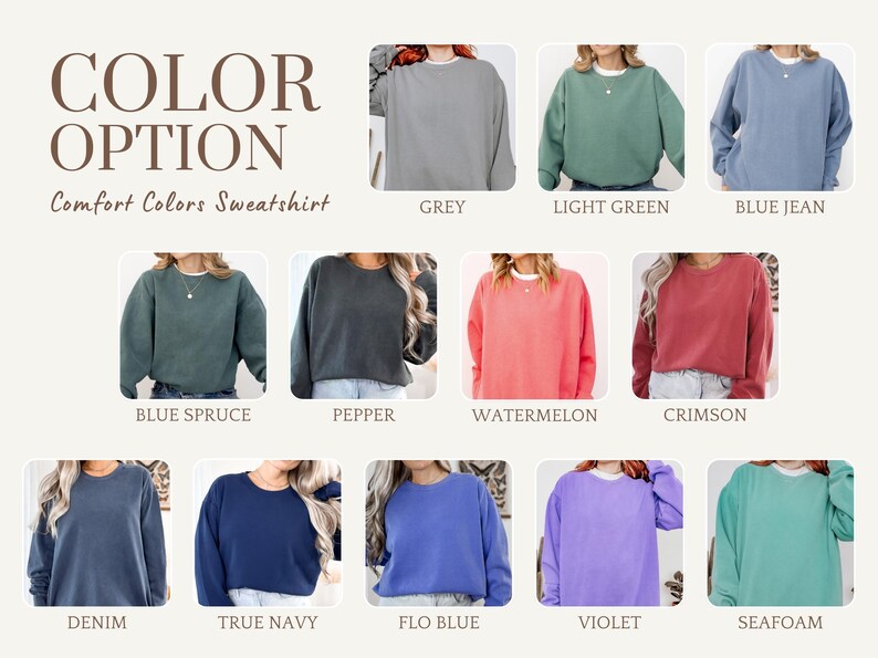 K&ouml;nnte beinhalten: Eine Auswahl an Comfort Colors-Sweatshirts in verschiedenen Farbt&ouml;nen, darunter Grau, Hellgr&uuml;n und Blue Jean. Das Bild zeigt eine Reihe von Farben wie Blaufichte, Pfeffer, Wassermelone, Karmesinrot, Denim, Marineblau, Flo Blue, Violett und Seegr&uuml;n.