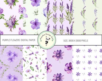 Purple Floral Watercolor Digital Paper: Seamless Flower Patterns (Digital Download)