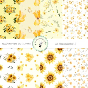 Yellow Flower Seamless Digital Paper, Seamless Yellow Floral Pattern, Yellow Flower Scrapbook Paper, Yellow Digital Paper Pack