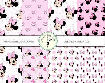 May include: A set of eight digital papers featuring Minnie Mouse in various patterns. The patterns include Minnie Mouse heads with pink bows, polka dots, and hearts. The papers are pink and white and are 3600 x 3600 pixels in size.