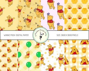 May include: A collection of digital paper designs featuring Winnie the Pooh. The patterns include the bear in various poses, honey pots, bees, and balloons. The color palette is primarily yellow, red, and white, with some green accents. The text "Winnie Pooh Digital Paper" is visible.