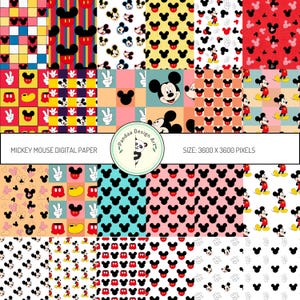 26 Mickey Mouse Digital Paper, Disney Scrapbook Paper, Mickey Mouse Seamless Pattern, Mickey  Mouse Wrapping Paper