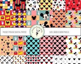 26 papeles digitales de Mickey Mouse, patrones sin costuras (PDF y PNG)