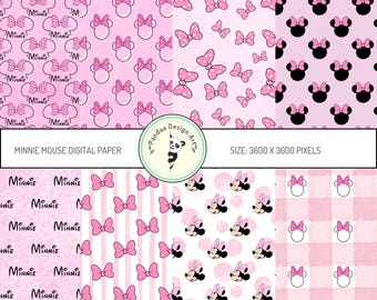 May include: A digital paper pack with four different patterns featuring Minnie Mouse. The patterns include Minnie Mouse heads with pink bows, polka dots, stripes, and a gingham pattern. The text "Minnie Mouse Digital Paper" is at the top of the image.