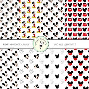 Könnte beinhalten: Digitales Papierpaket mit sechs verschiedenen Mickey Mouse Mustern. Die Muster beinhalten Mickey Mouse Köpfe, Mickey Mouse Ohren, Mickey Mouse Handschuhe und Mickey Mouse Shorts. Alle Muster sind auf weißem Hintergrund.