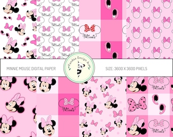 May include: A digital paper pack with four different patterns featuring Minnie Mouse. The patterns include Minnie Mouse's face, polka dots, and bows in pink and white on a pink background. The text "Minnie Mouse Digital Paper" and "Size: 3600 x 3600 Pixels" is included in the image.