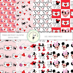 May include: Four digital paper designs featuring Mickey Mouse and Minnie Mouse. The designs include Mickey and Minnie's hands holding hearts, Mickey and Minnie's heads with hearts, Mickey and Minnie's heads with hearts and the word "love", and Mickey and Minnie's heads with hearts and a red and white checkered background.