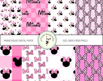 May include: Three digital paper designs featuring Minnie Mouse. The first design is a pink and white checkered pattern with Minnie Mouse's head and bow. The second design is a white background with Minnie Mouse's head and bow. The third design is a pink background with Minnie Mouse's bow. All designs are 3600 x 3600 pixels.