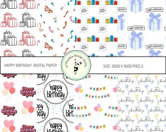 Happy Birthday Digital Paper Pack: Seamless Patterns (JPG & PNG)