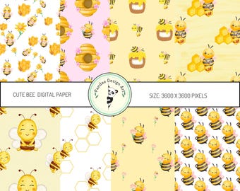 Papel digital de abejas, papel para álbum de recortes de abejas amarillas, papel digital de abejas, patrón digital de abejas, papel digital de abejas y miel