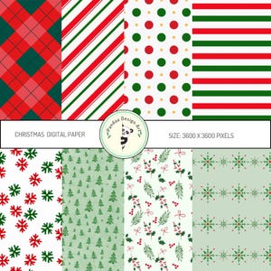 Op de afbeelding: Een set van 10 digitale papieren met kerstthema's. De patronen omvatten rood en groen ruitjes, rood en wit snoepgoed, rood en groen stippen, rood en groene strepen, groene sneeuwvlokken op een witte achtergrond, groene bomen op een witte achtergrond, groene hulstbladeren en bessen op een witte achtergrond en groene sneeuwvlokken op een lichtgroene achtergrond. De papieren zijn 3600 x 3600 pixels.