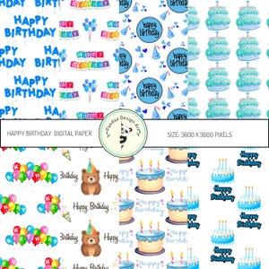 Blue Happy Birthday Digital Papers, Blue Birthday Seamless Pattern,Birthday Scrapbook Paper, Blue Birthday Printable Papers