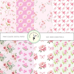 Pink Floral Digital Paper Pack: Watercolor Flower Patterns (JPG, PNG)