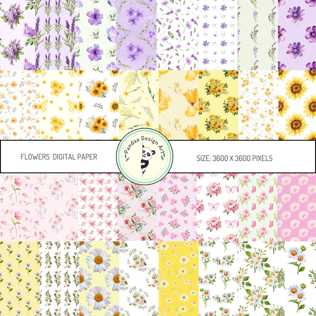 Seamless Flower Digital Paper Pack: Pink, Yellow, Purple, Daisy (PDF ...