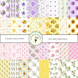 Seamless Flower Digital Paper Pack: Pink, Yellow, Purple, Daisy (PDF)