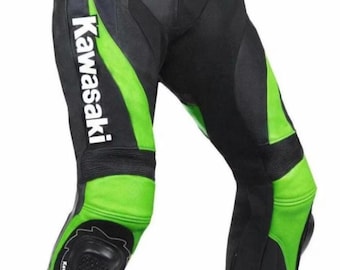 Pantalones de cuero para motociclismo Kawasaki: protección homologada CE, deslizadores de rodilla.