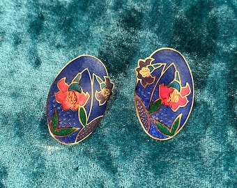Vintage Cloisonne Cobalt Oval Stud Earrings with Floral Design