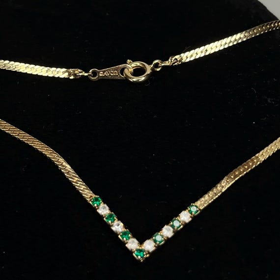 Vintage Avon 'Galaxy of Color' Simulated Emerald & White Rhinestone Gold Tone Necklace