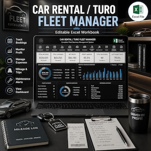 May include: A digital car rental and Turo fleet manager Excel workbook displayed on a laptop screen, accompanied by a mileage log notebook, a maintenance checklist on a clipboard, a keychain, and a black tumbler with the text DRIVEN BY PROFIT.