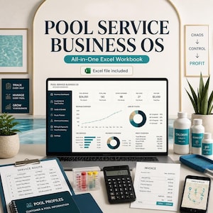 May include: A digital pool service business operating system displayed on a laptop screen, featuring an Excel workbook dashboard with revenue, job status, and profit charts. Includes printed service routes, invoices, a calculator, and chemical bottles.