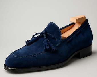 Handmade Blue Suede Tassel Loafers for Men, Luxury Slip-On Dress Shoes.