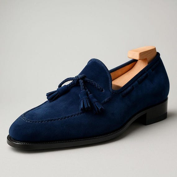 Handmade Blue Suede Tassel Loafers for Men, Luxury Slip-On Dress Shoes.