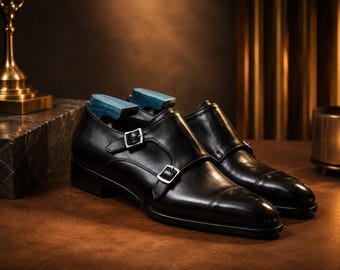Zapatos de vestir de lujo hechos a mano en piel negra con doble hebilla tipo monk strap, elegantes zapatos sin cordones con hebilla.