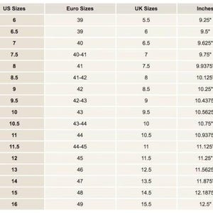 May include: Shoe size conversion chart showing US, Euro, UK sizes, and inches. Sizes range from US size 6 (9.25 inches) to US size 16 (12.5 inches). Euro sizes range from 39 to 49, and UK sizes from 5.5 to 15.5.