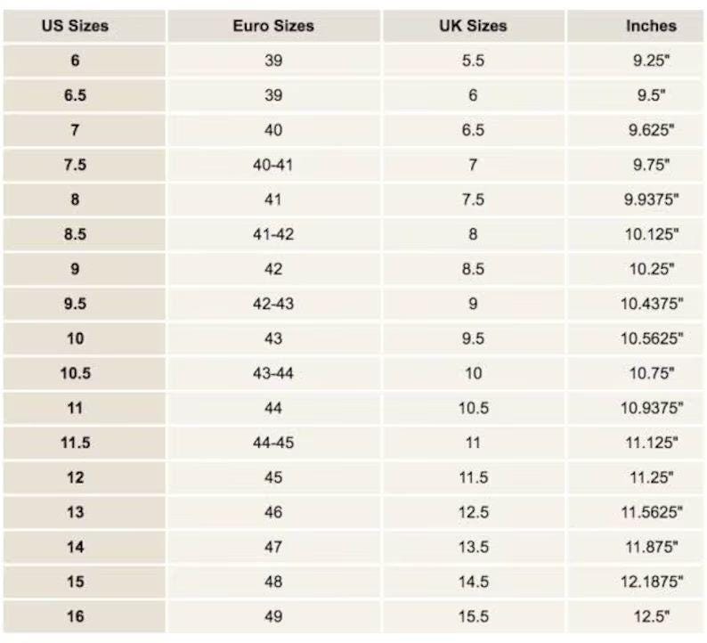 May include: Shoe size conversion chart showing US, Euro, UK sizes, and inches. Sizes range from US size 6 (9.25 inches) to US size 16 (12.5 inches). Euro sizes range from 39 to 49, and UK sizes from 5.5 to 15.5.