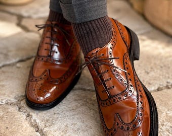 Handmade Cognac Brown Leather Brogue Shoes for Men, Classic Wingtip Oxford Dress Shoes.