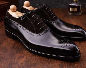 Men’s Two-Tone Oxford Shoes, Black Leather & Black Suede Wingtip Brogues.
