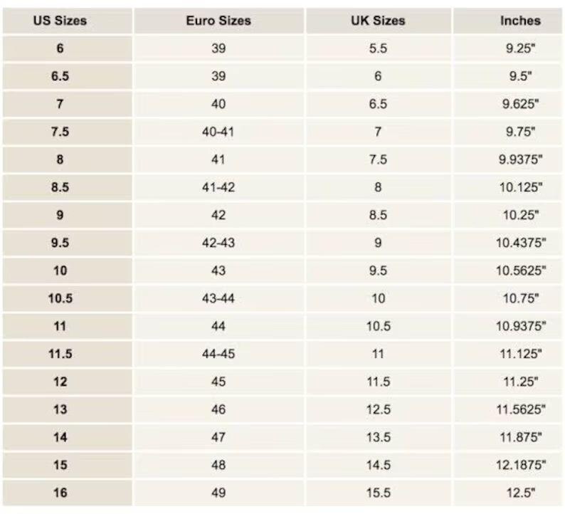 Op de afbeelding: Schoenmatentabel met US-, Euro- en UK-maten en inches. Maten vari&euml;ren van US maat 6 (9,25 inch) tot US maat 16 (12,5 inch). Euro maten vari&euml;ren van 39 tot 49.