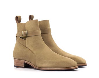 Botas Jodhpur artesanais em camurça bege, botas de cano curto masculinas com fivela.
