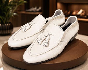 Luxury Off White Leather Tassel Loafers for Men, Handmade Slip-On Dress Shoes.