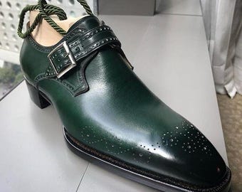New men’s handmade green single monk strap shoe, Men’s dress-up formal shoes.