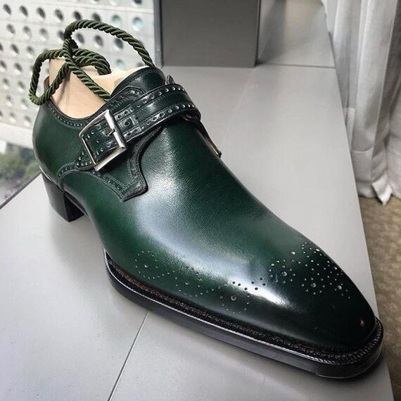 New men’s handmade green single monk strap shoe, Men’s dress-up formal shoes.