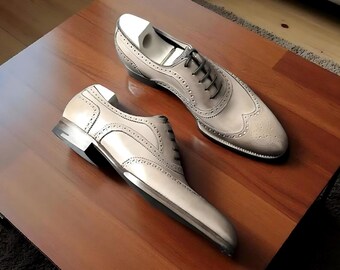 Handmade Cream Leather Oxford Brogues, Men’s Wingtip Dress Shoes.