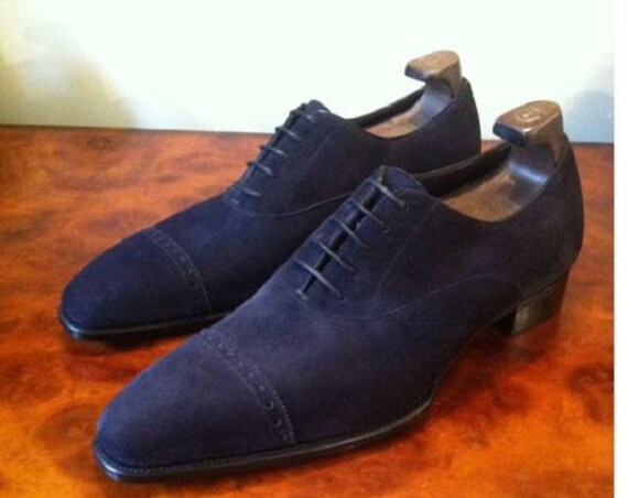Handmade Navy Suede Oxford Shoes: Men display picture 2