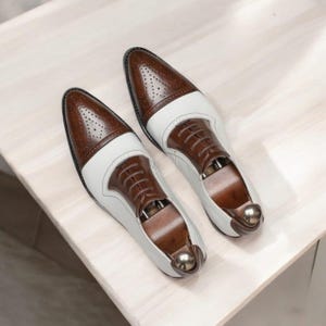 Men’s Handmade two tone brown and white oxford and brogue leather shoe, men’s formal shoe.