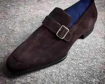 Men's Brown Suede Single Monk Strap Dress Shoes, Handmade Classic Style.