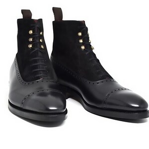Bespoke handmade men black leather and suede ankle high boot, Men's lace-up boot, Men's ankle two tone boot, Boot for men, Men classic boot.