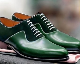 Handmade Green Leather & Suede Oxford Shoes, Elegant Men’s Dress Shoes.