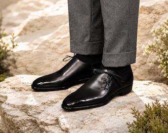 Handmade Black Leather Shoes for Men, Lace Up Formal Dress Footwear.