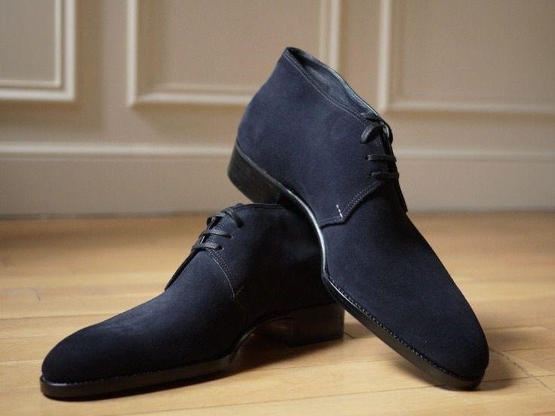 Handmade Navy Suede Chukka Boots: Men display picture 1