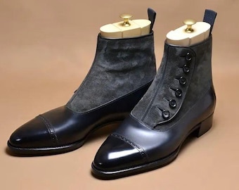 Handmade Black Button Boots for Men, Leather & Suede Victorian Style Dress Boots.