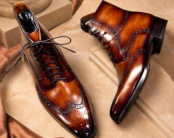 Handmade Brown Leather Ankle Boots for Men, Luxury Patina Lace-Up Dress Boots.